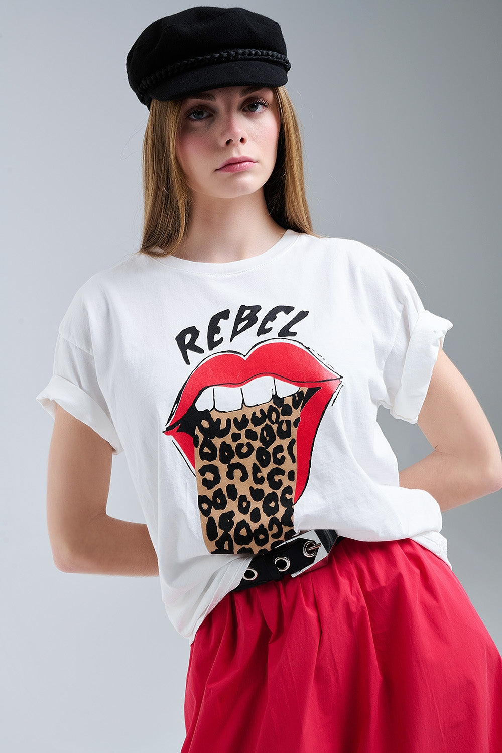 Relaxed White T-shirt With Rebel and Lips Graphic Print