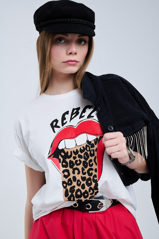 Q2 Relaxed White T-shirt With Rebel and Lips Graphic Print