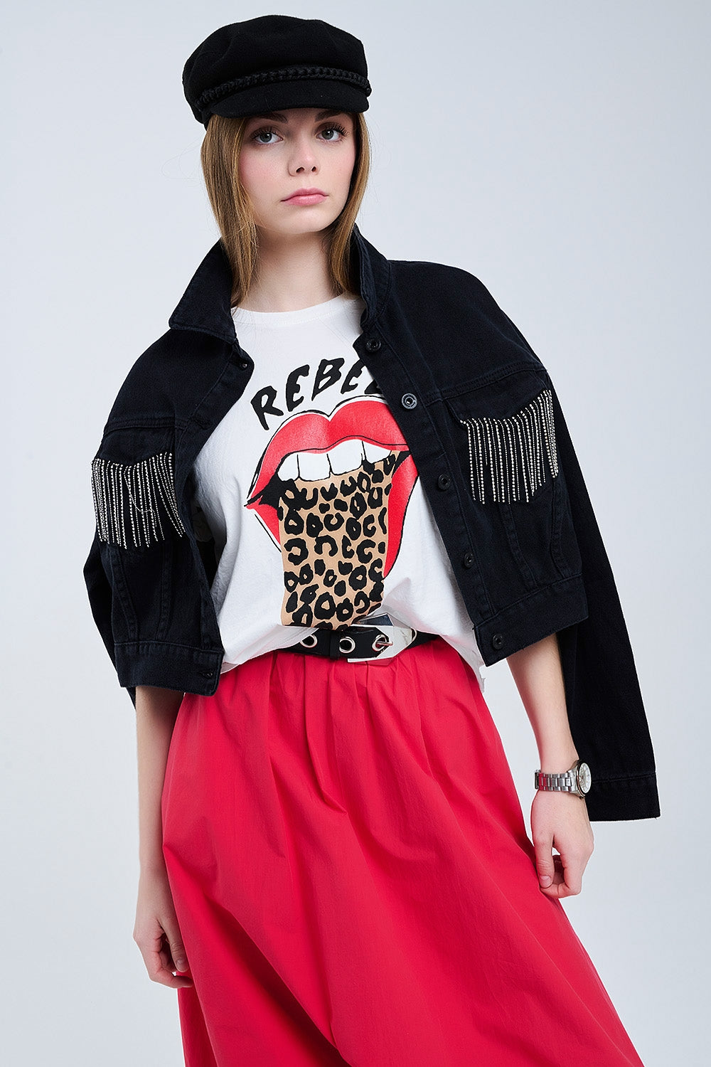 Relaxed White T-shirt With Rebel and Lips Graphic Print