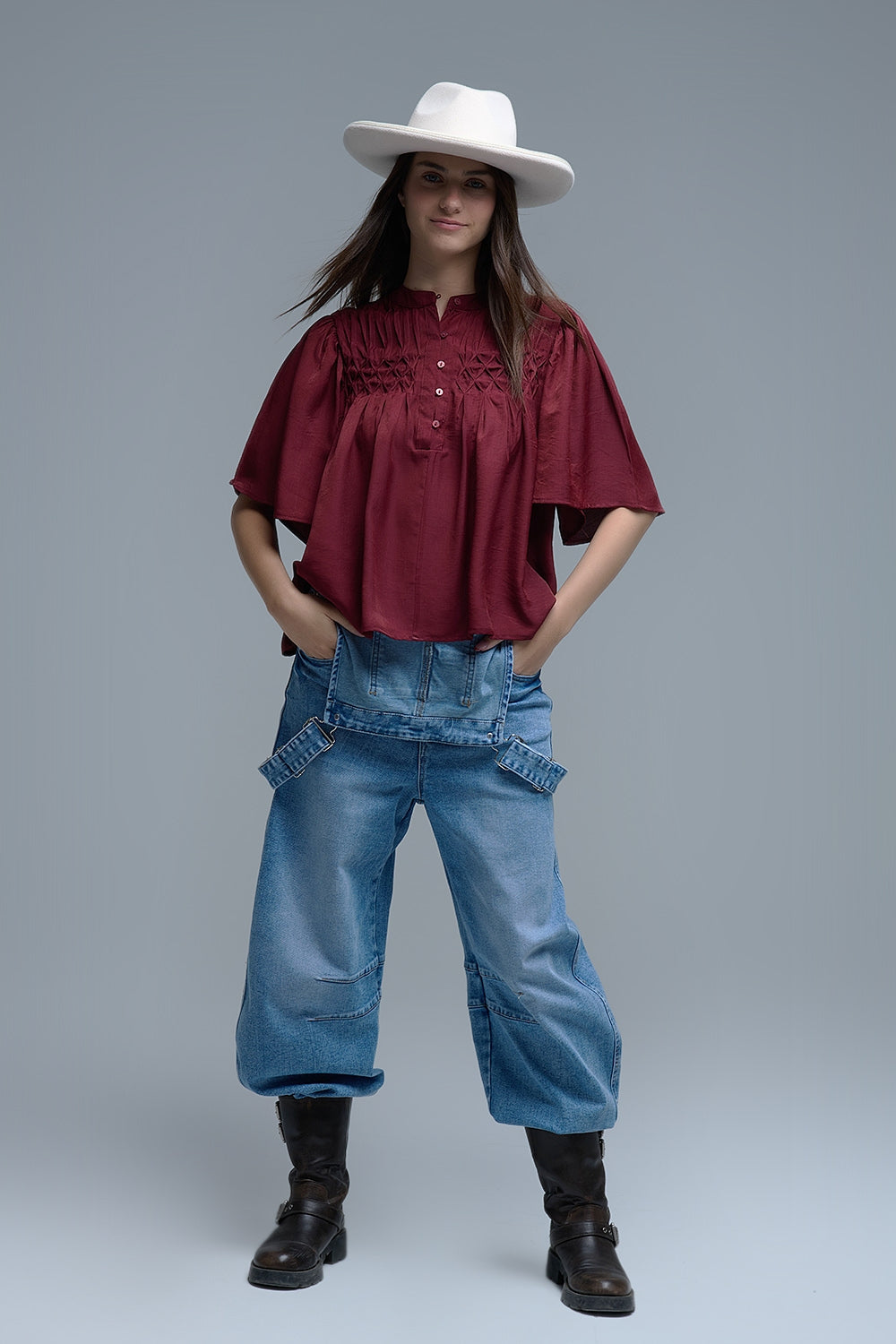 Relaxed wine-colored boho-style blouse with embroidered details