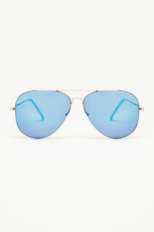 Q2 Retro Aviator Sunglasses  With Blue Smoke Lense and Golden Frame