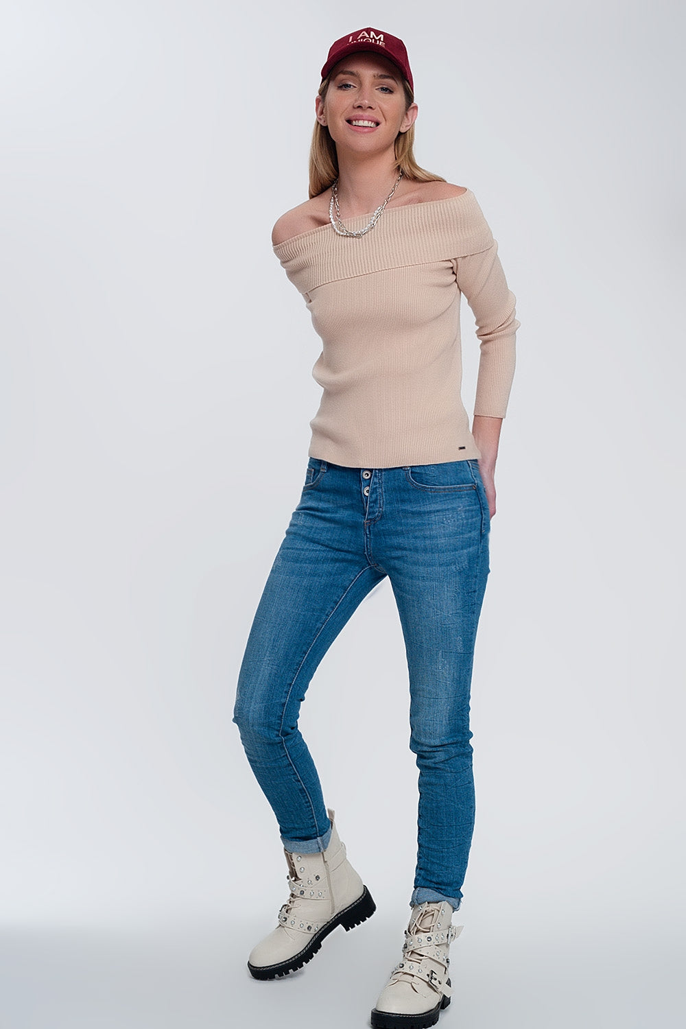 Rib bardot trui in beige