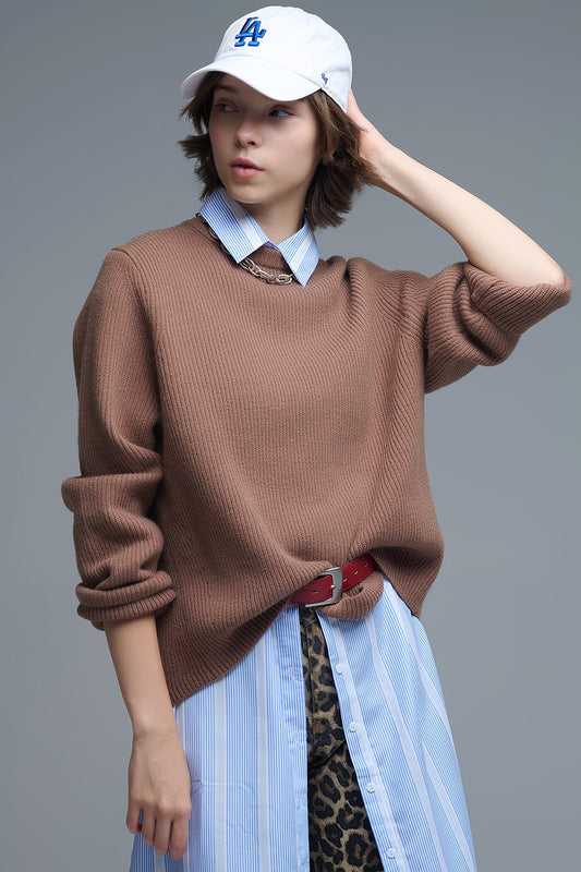 Q2 Ribbed Comfy Knit Sweater in Camel