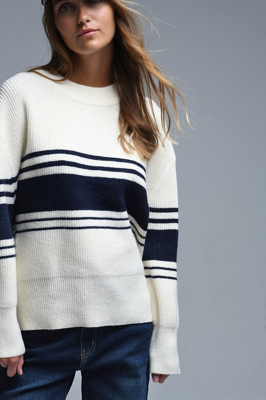Q2 Ribbed Cream Sweater With Navy Chest Stripes