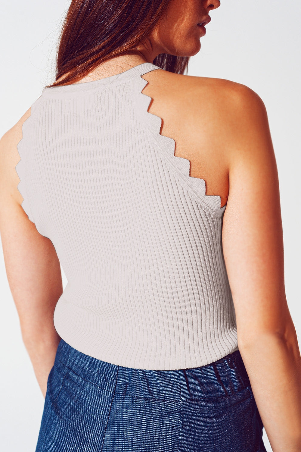 Ribbed Halter Top With Scalloped Finish in beige