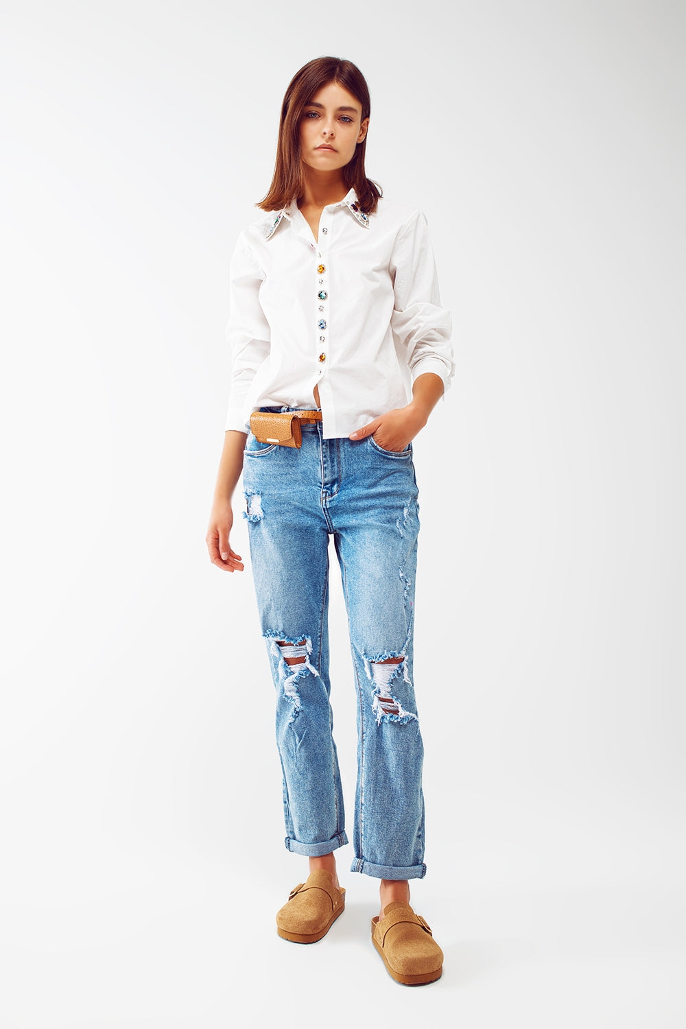 Ripped knee straight leg jeans in light blue wash