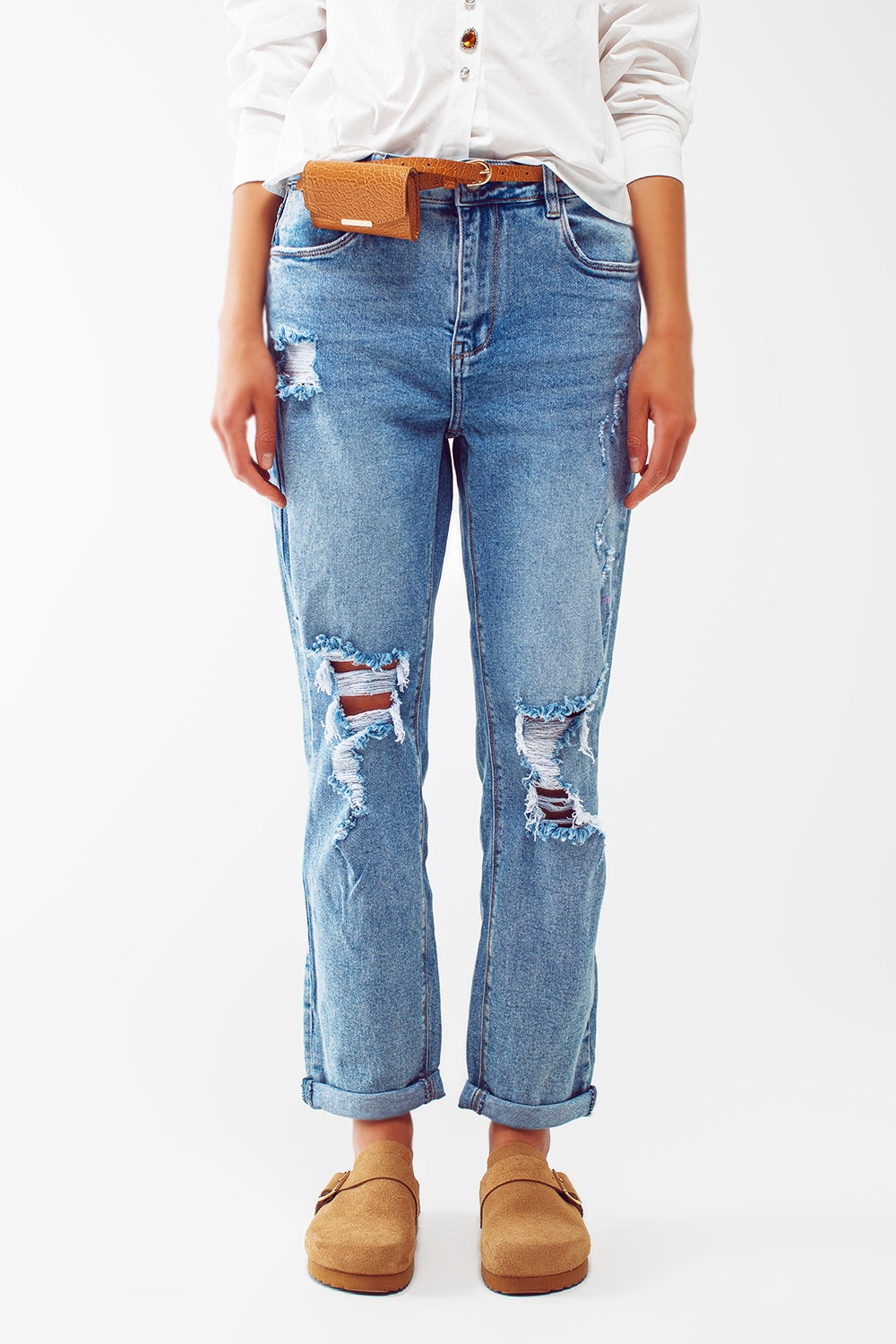 Ripped knee straight leg jeans in light blue wash