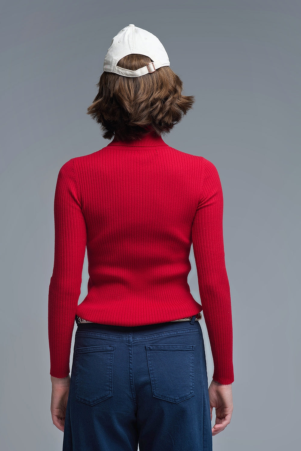 Rolled Turtle Neck Ribbed Sweater in Ruby Red