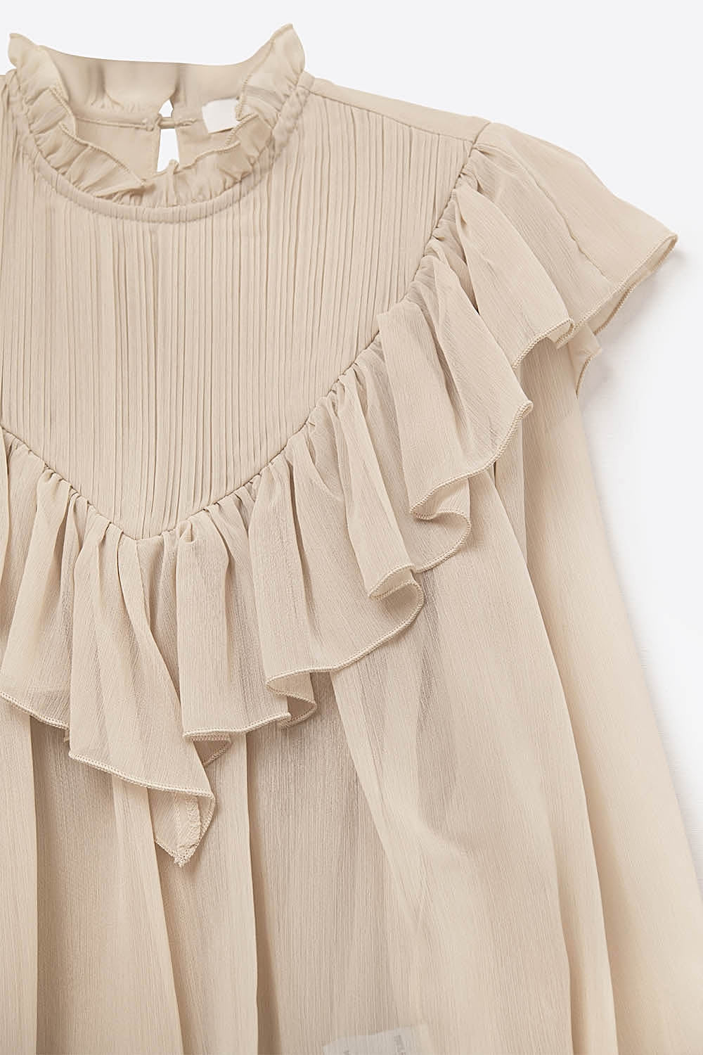 Romantic Beige Ruffled Long-Sleeve Blouse in chiffon fabric