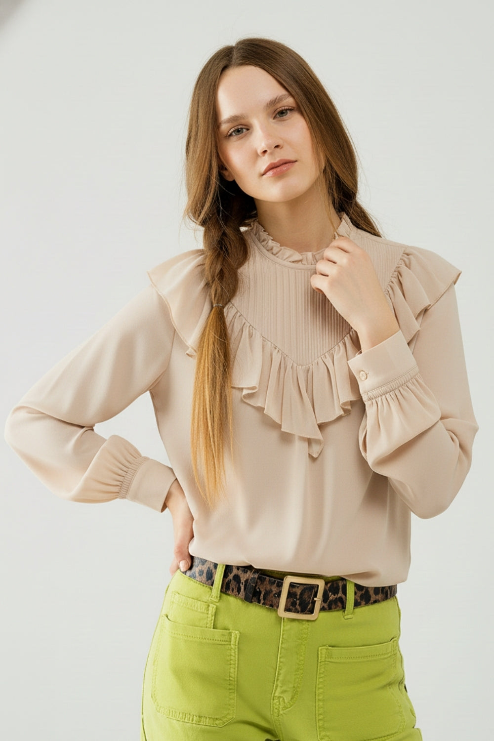 Romantic Beige Ruffled Long-Sleeve Blouse in chiffon fabric