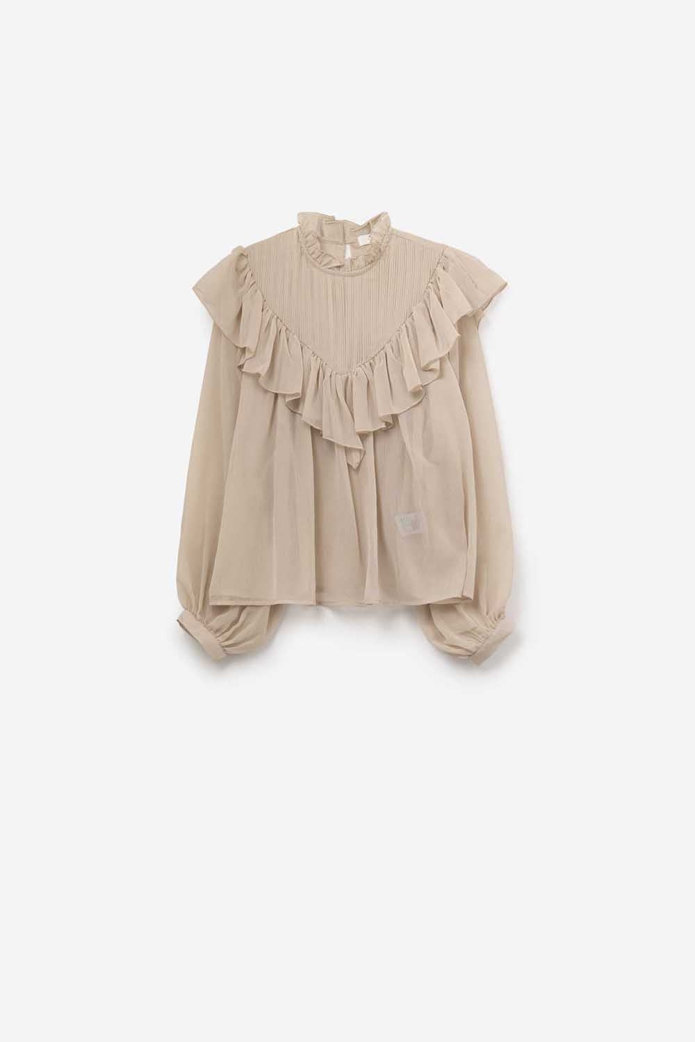 Romantic Beige Ruffled Long-Sleeve Blouse in chiffon fabric