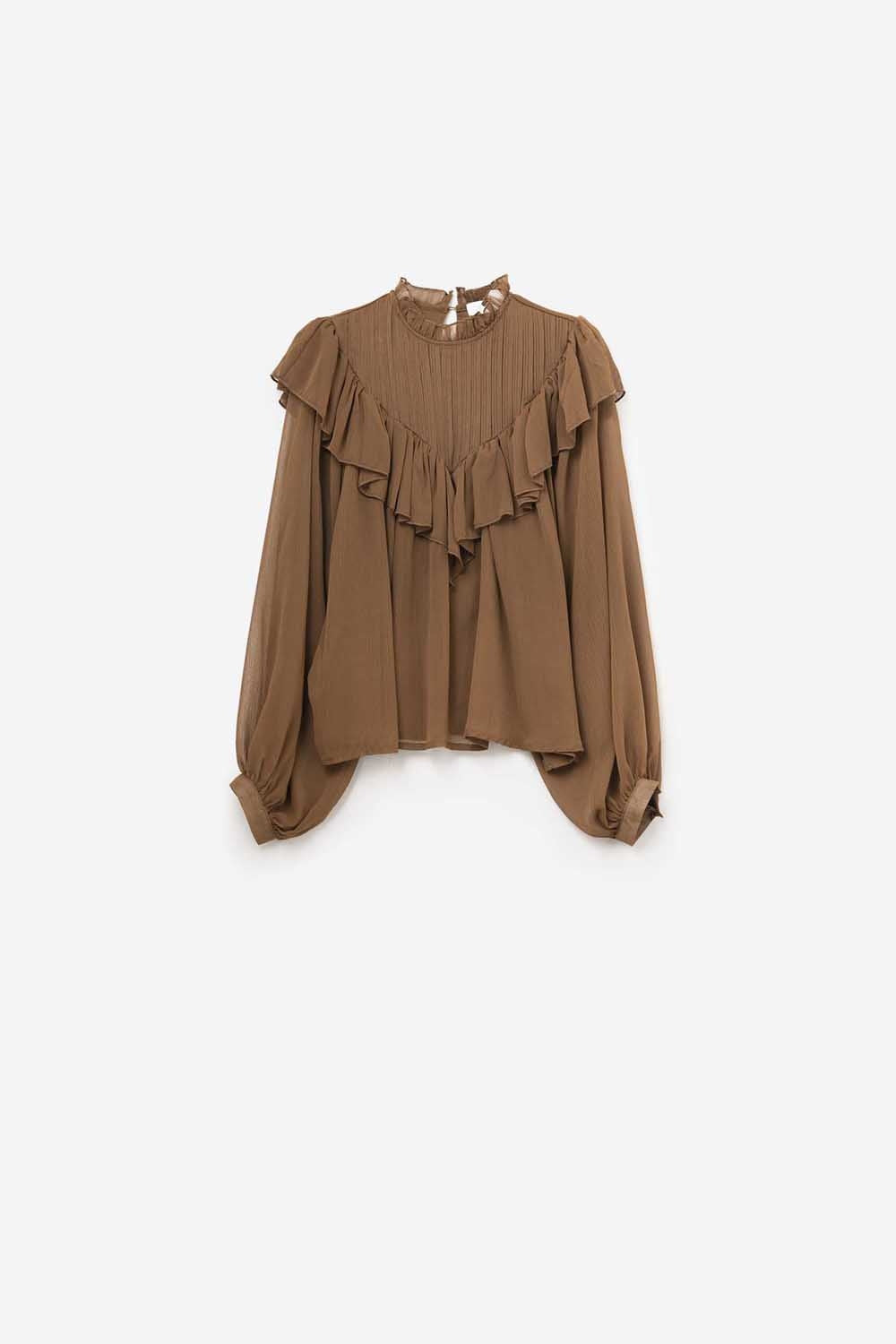 Romantic Brown Ruffled Long-Sleeve Blouse in chiffon fabric