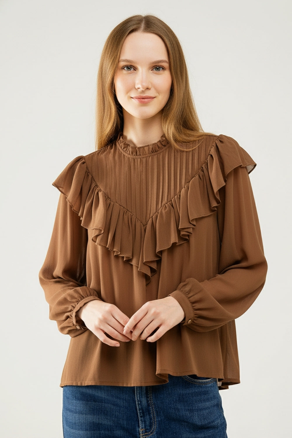 Romantic Brown Ruffled Long-Sleeve Blouse in chiffon fabric