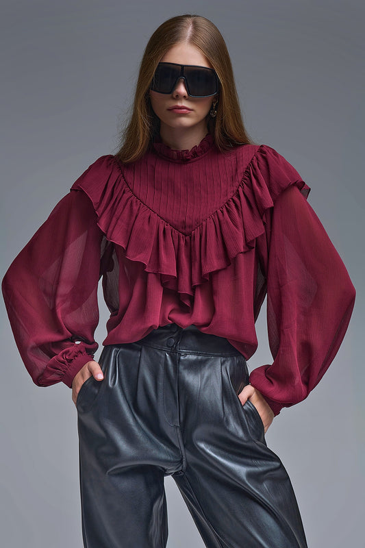 Q2 Romantic Burgundy Ruffled Long-Sleeve Blouse