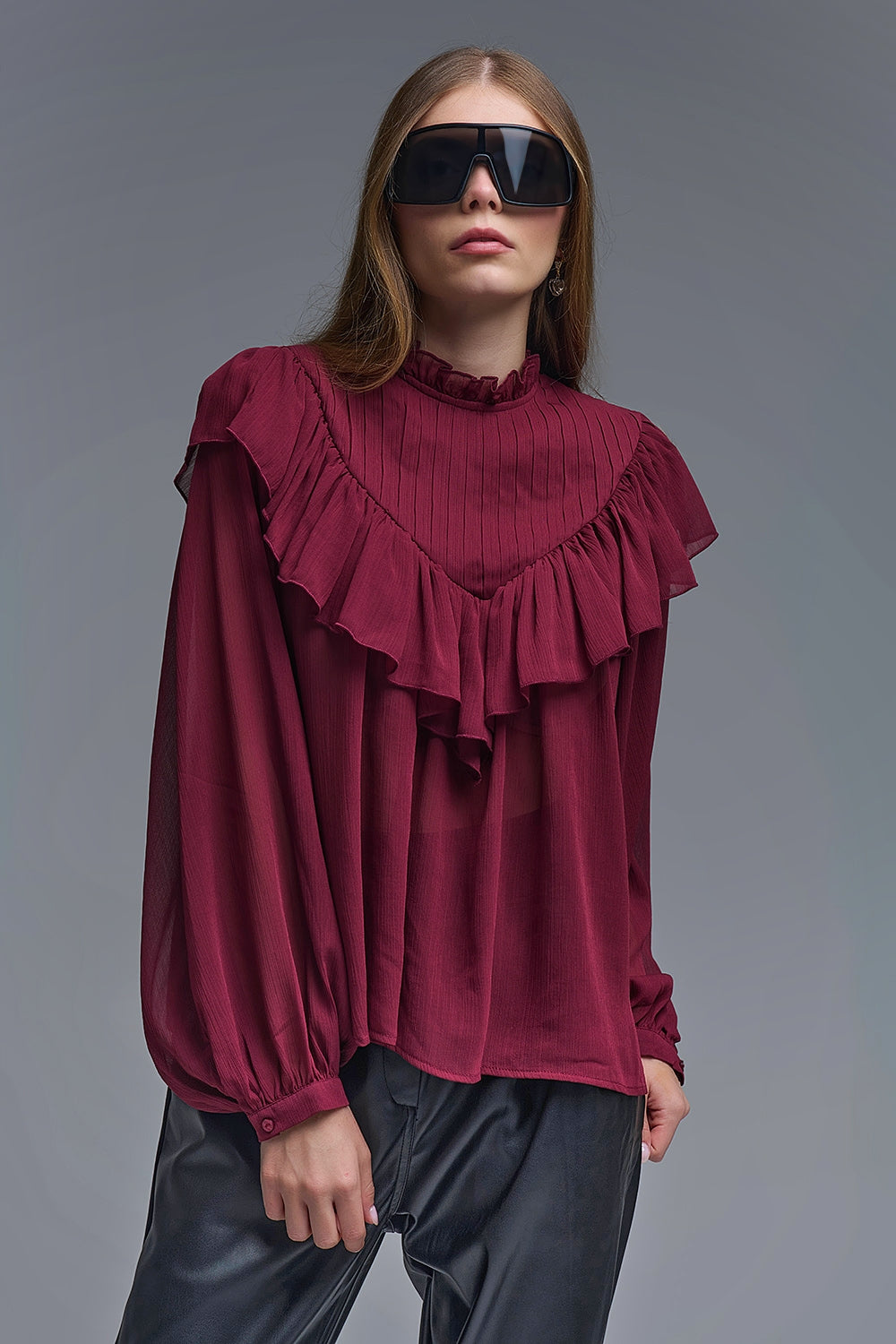 Romantic Burgundy Ruffled Long-Sleeve Blouse