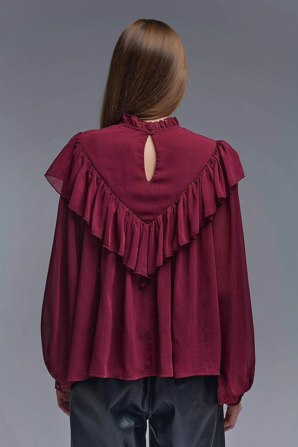 Romantic Burgundy Ruffled Long-Sleeve Blouse