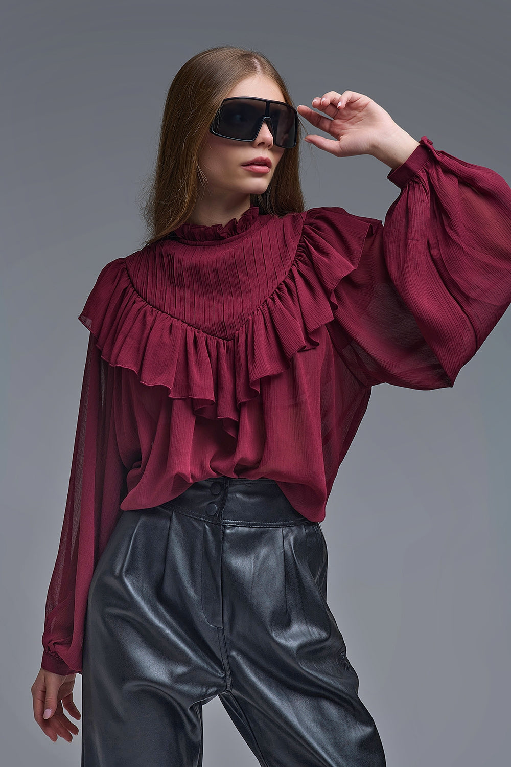 Romantic Burgundy Ruffled Long-Sleeve Blouse