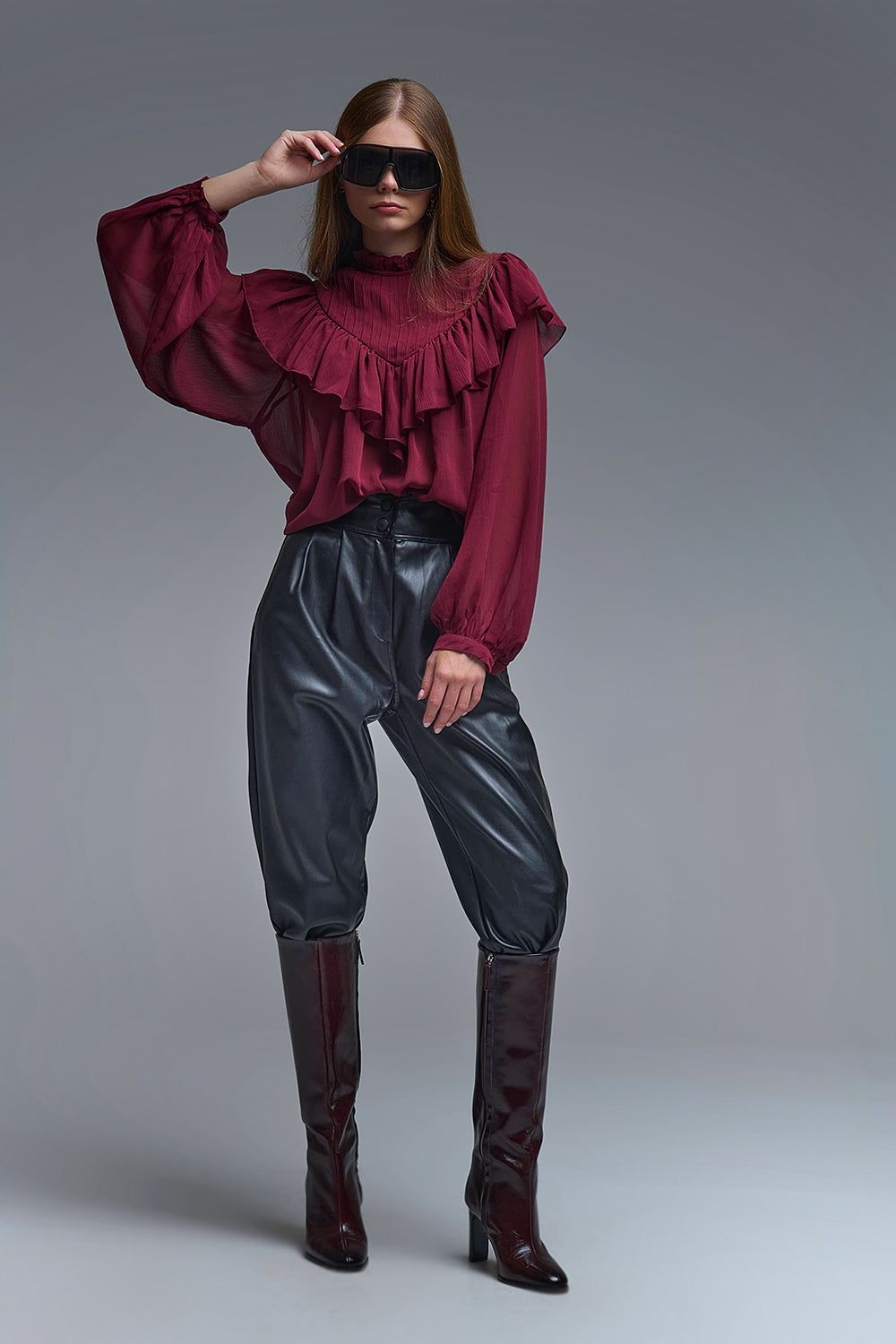 Romantic Burgundy Ruffled Long-Sleeve Blouse