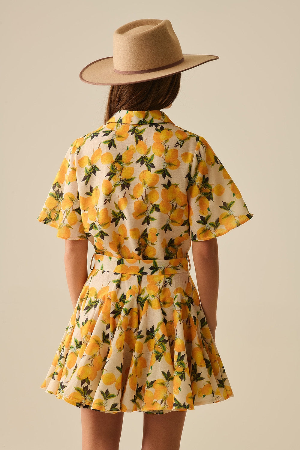 Romantic dress with waistband and lemon print and short sleeves