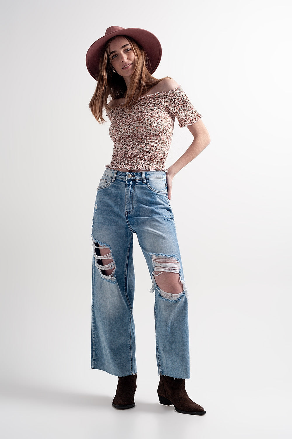 Blusa franzida com estampado floral rosa