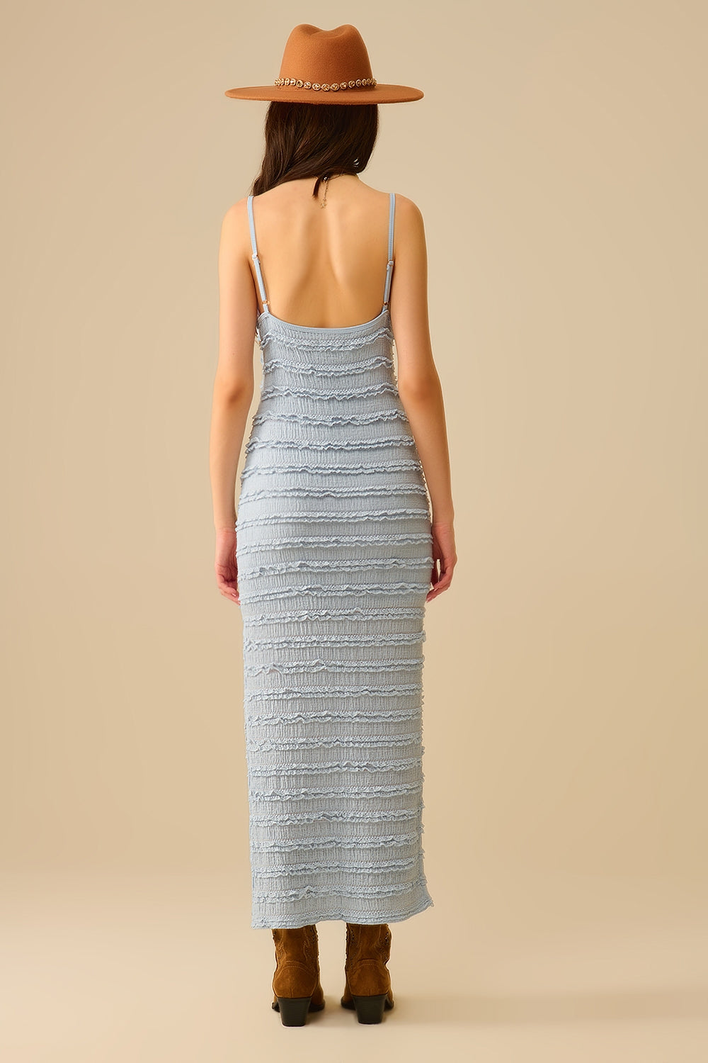 Ruffle Maxi Dress With Slit in blue color