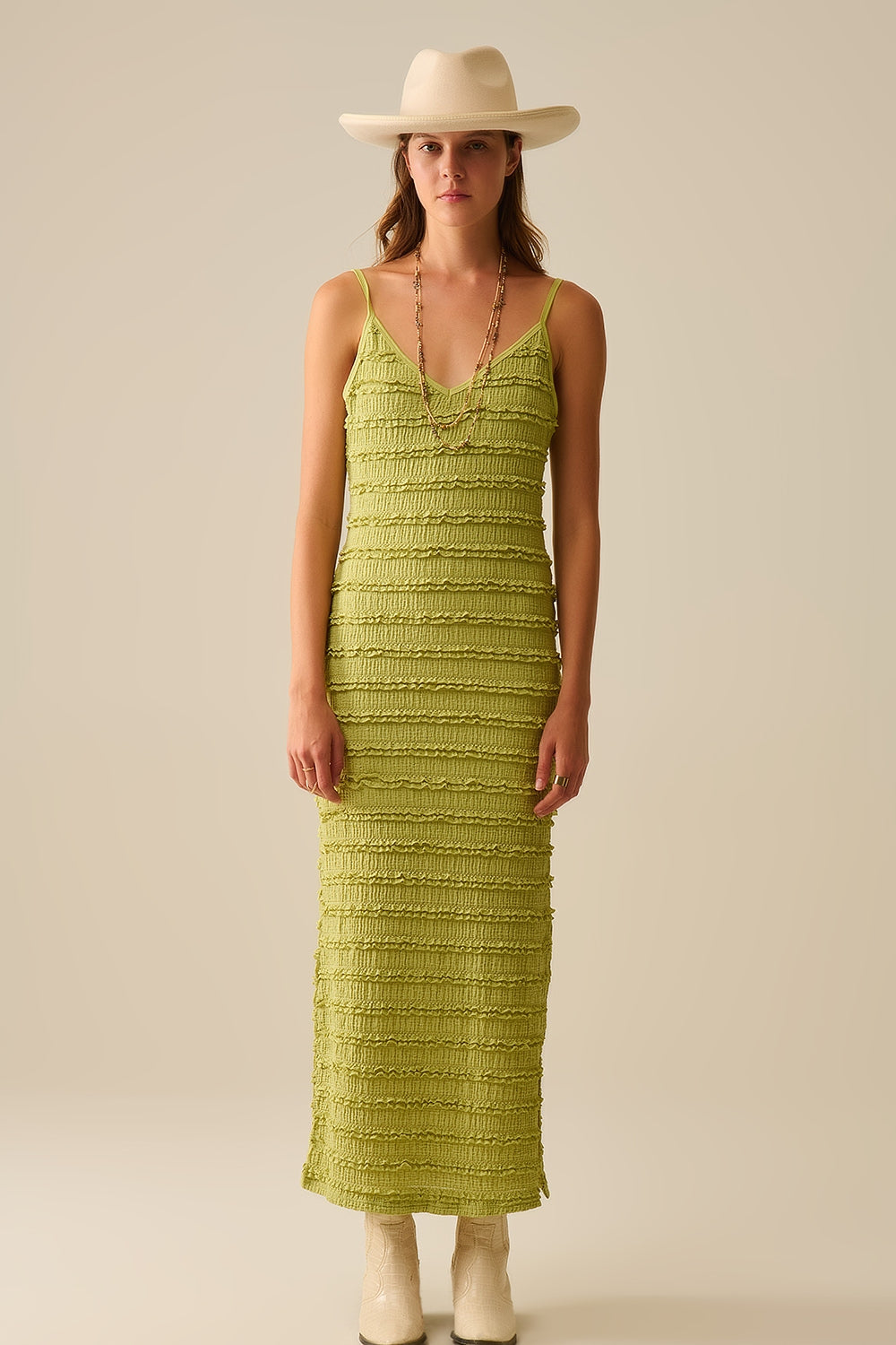 Ruffle Maxi Dress With Slit in Green color