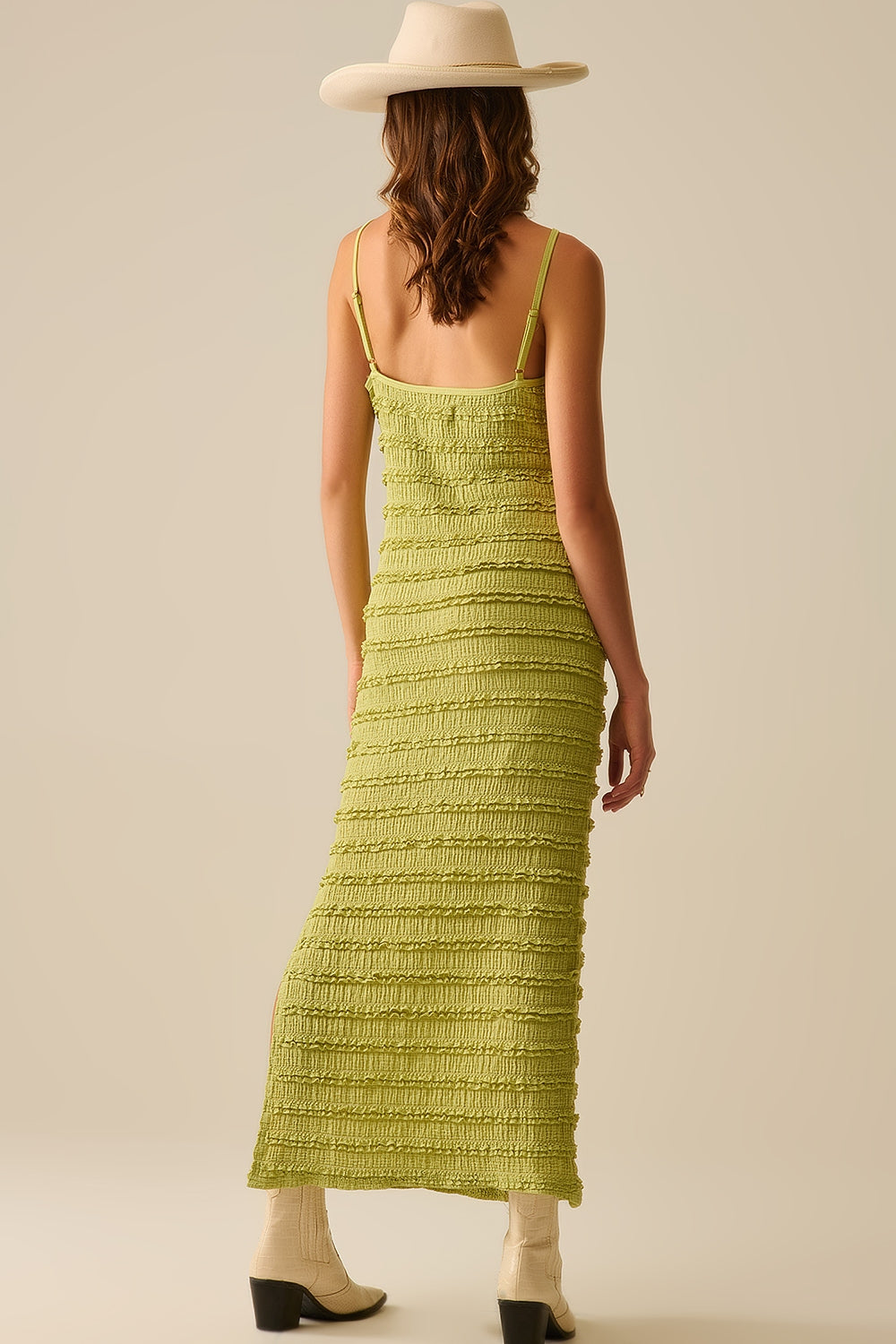 Ruffle Maxi Dress With Slit in Green color
