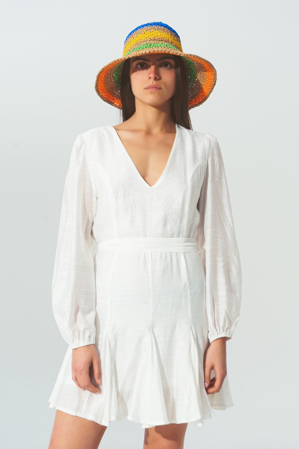 Ruffle V Neck Dress in White