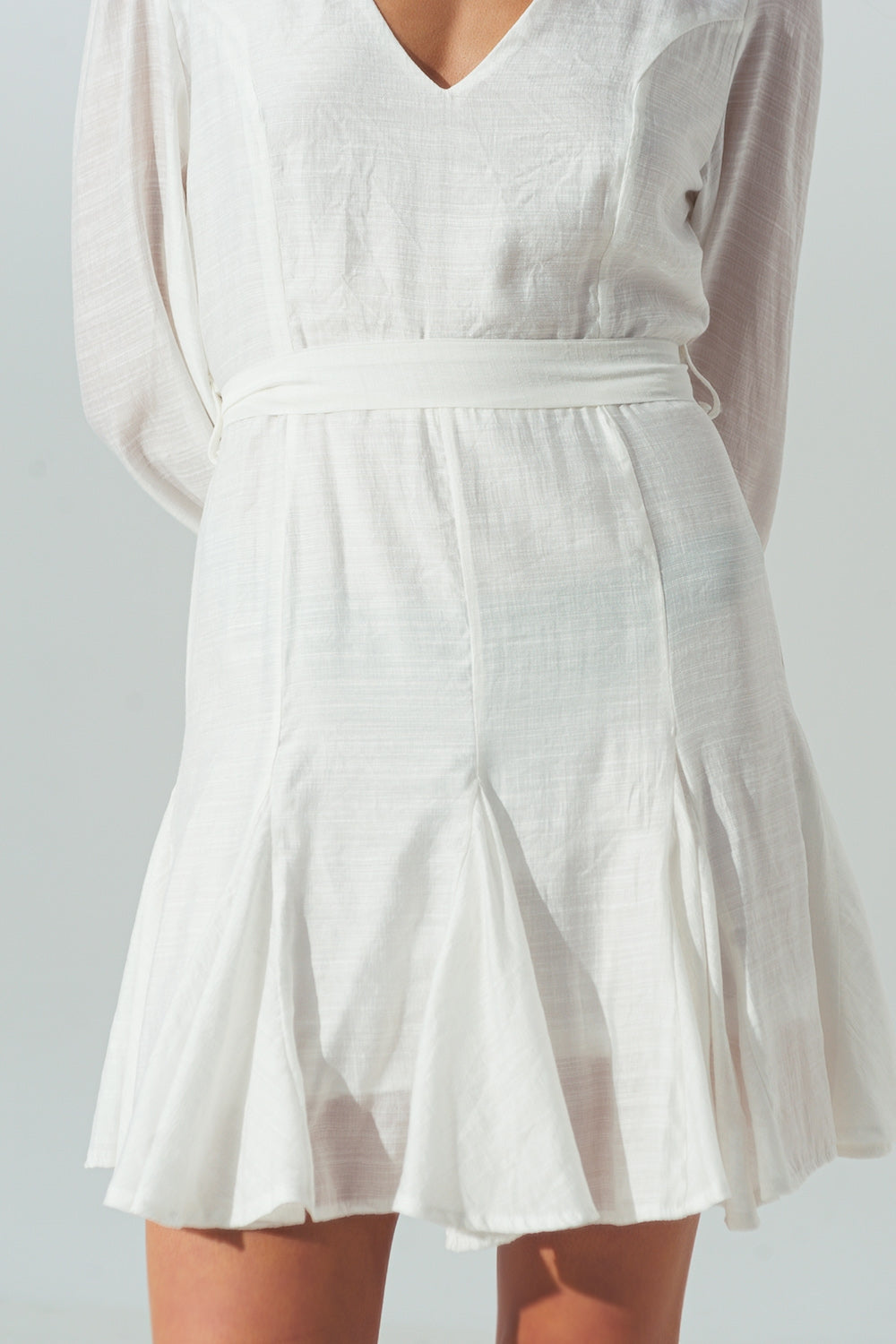 Ruffle V Neck Dress in White