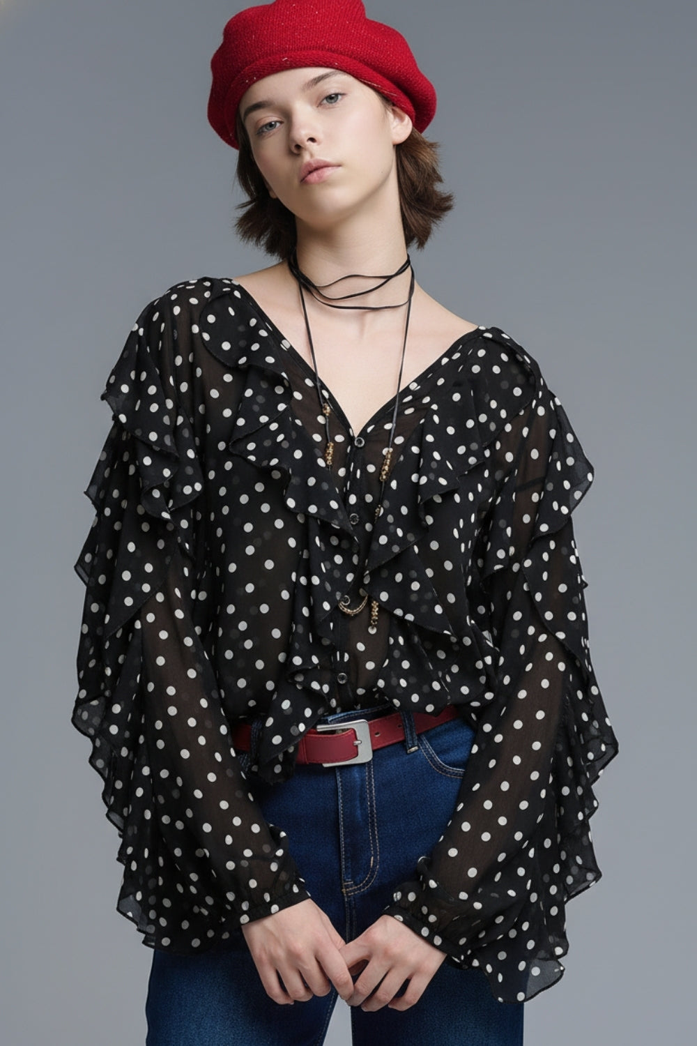 Ruffled Black Polka-Dot V-Neck Top in chiffon fabric