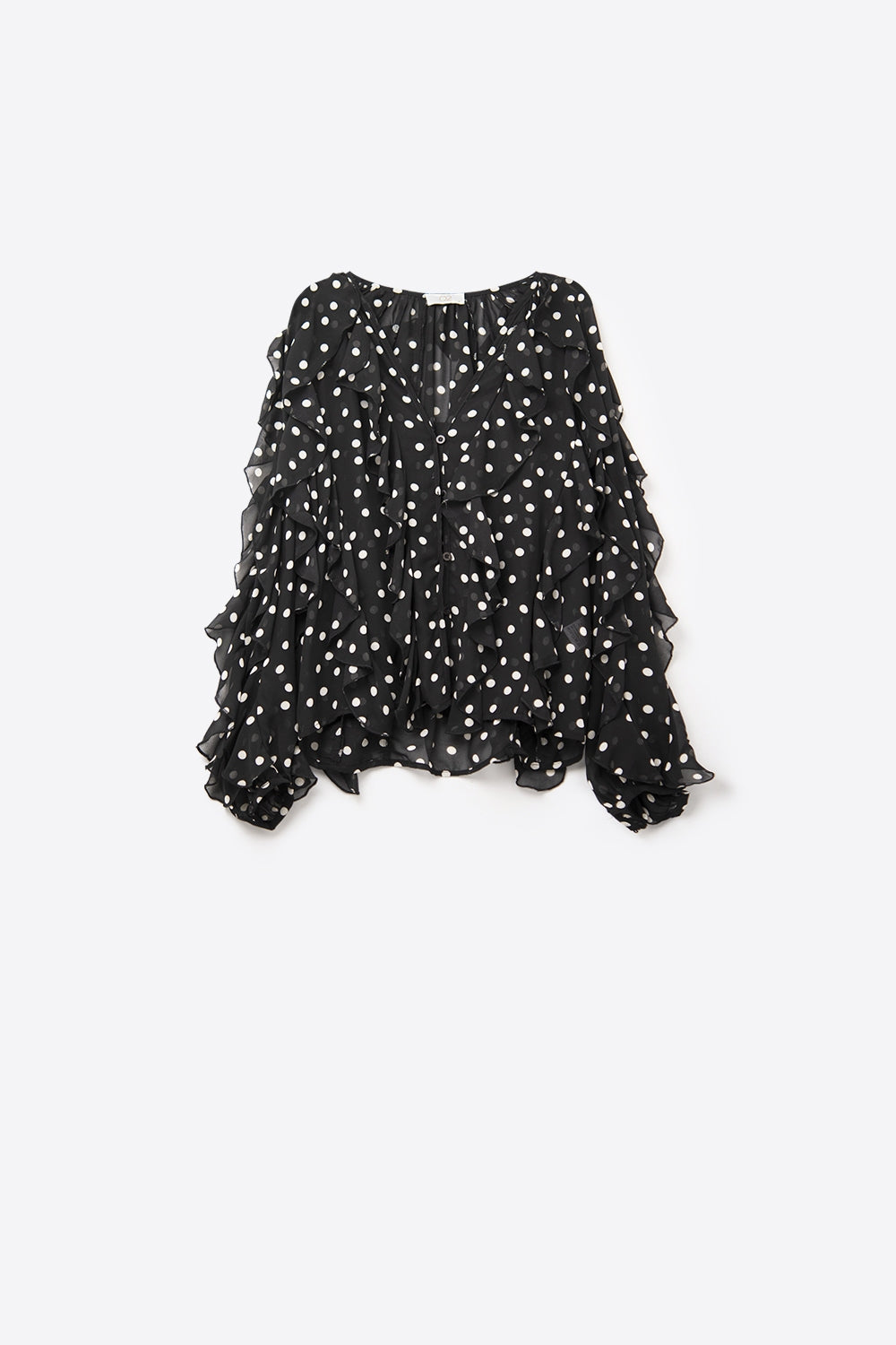 Ruffled Black Polka-Dot V-Neck Top in chiffon fabric