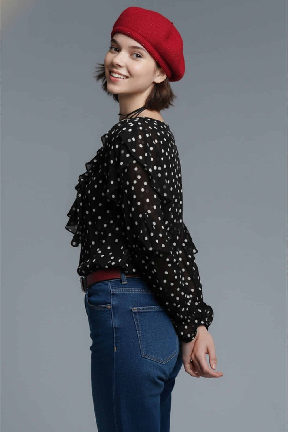 Ruffled Black Polka-Dot V-Neck Top in chiffon fabric