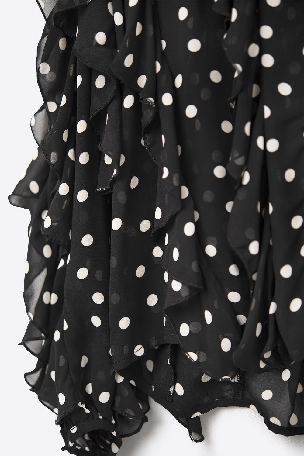 Ruffled Black Polka-Dot V-Neck Top in chiffon fabric