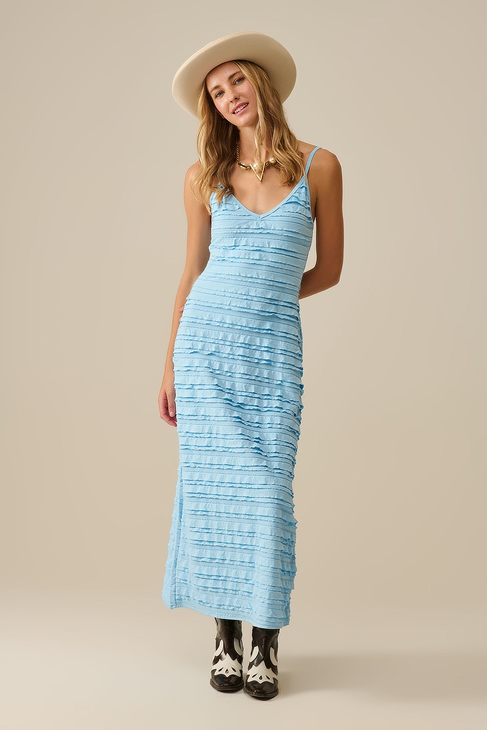 Ruffled maxi dress in Blue with straps