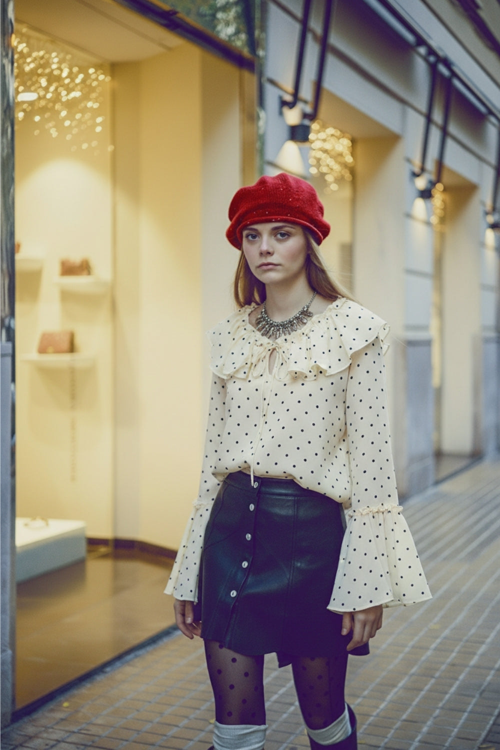 Ruffled Polka-Dot Blouse with Flared Sleeves