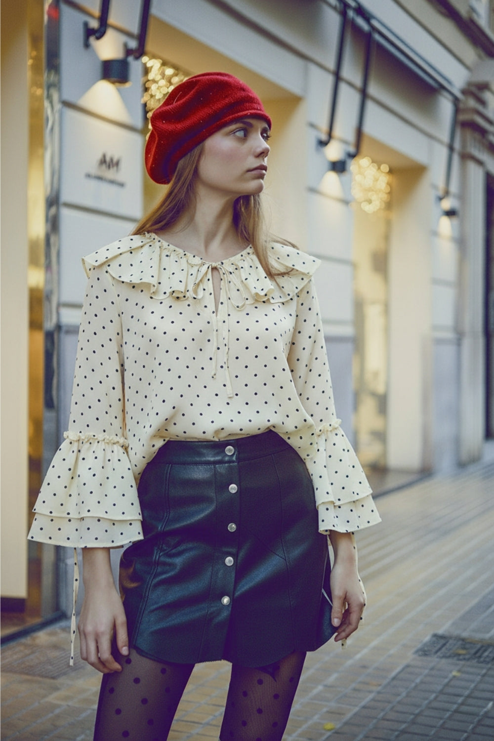 Q2 Ruffled Polka-Dot Blouse with Flared Sleeves