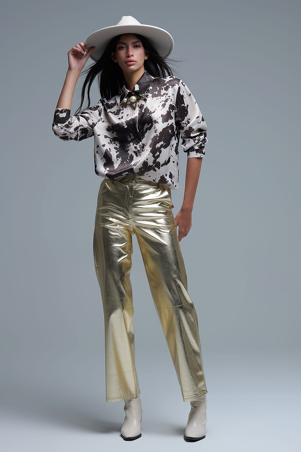 Satin Brown and Cream Cow Print Relaxed Shirt