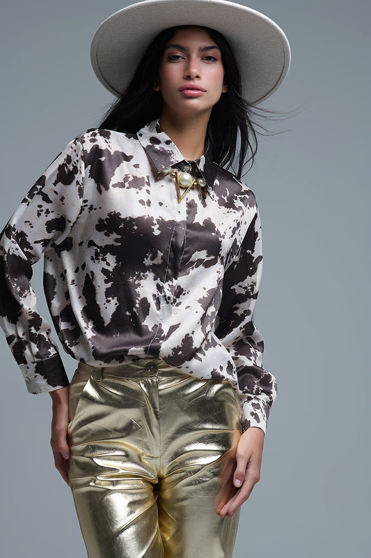 Q2 Satin Brown and Cream Cow Print Relaxed Shirt