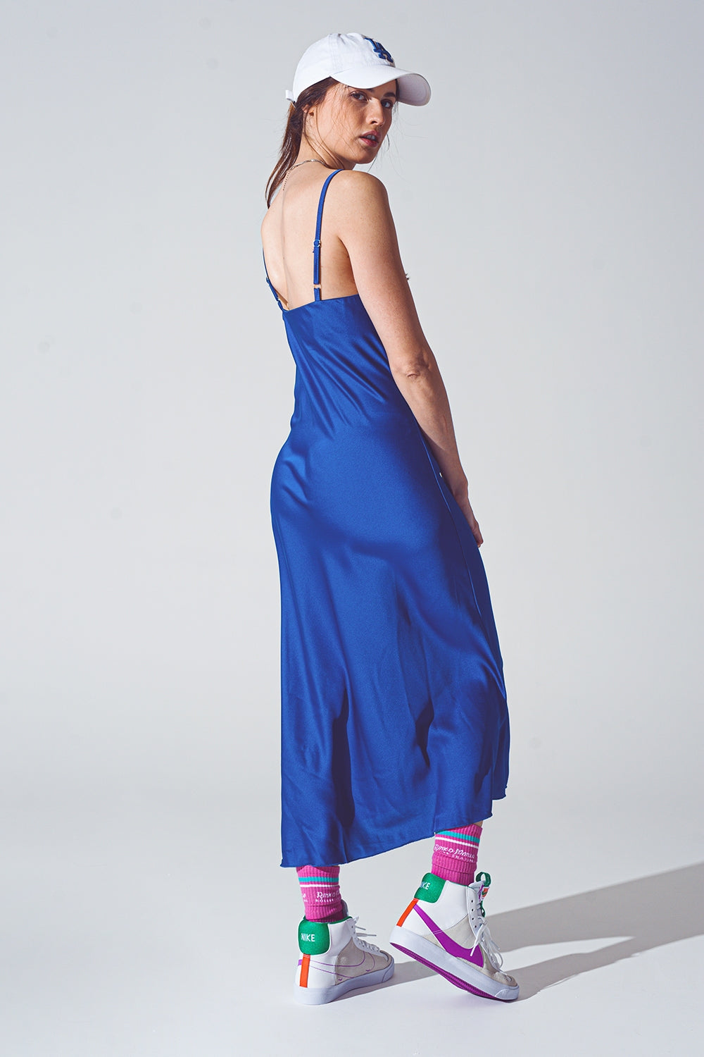 Satin Dress with Waterfall Neckline in Blue