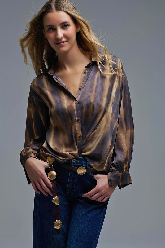 Q2 Satin Effect Tie-Dye Shirt with brown and camel Stripes