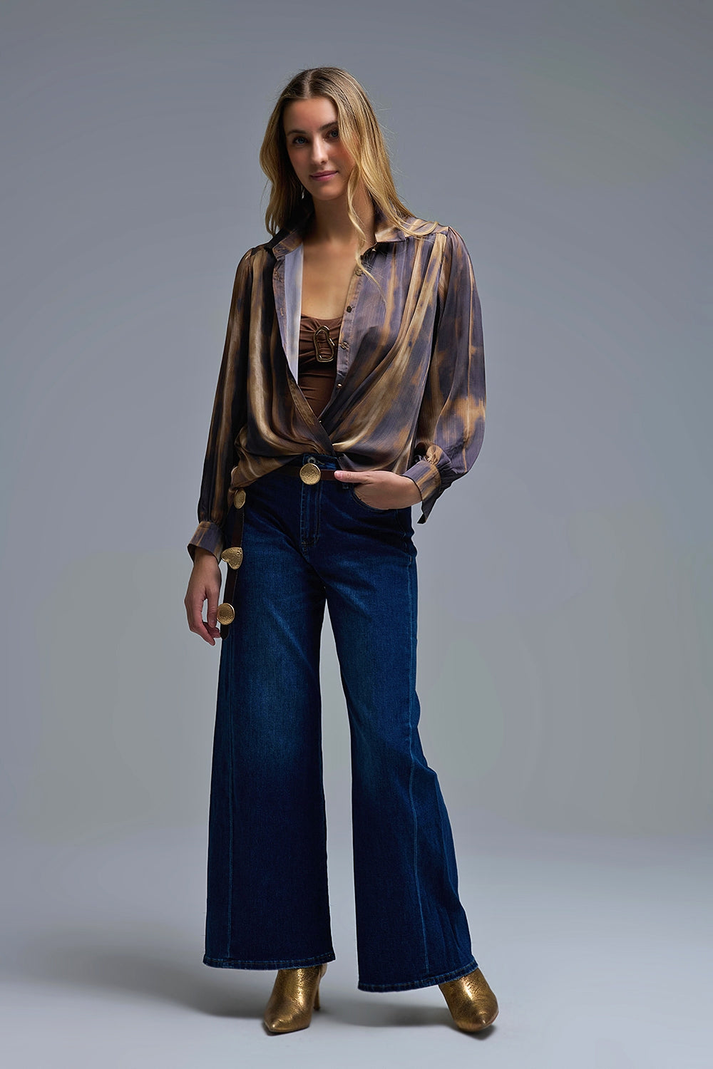 Satin Effect Tie-Dye Shirt with brown and camel Stripes