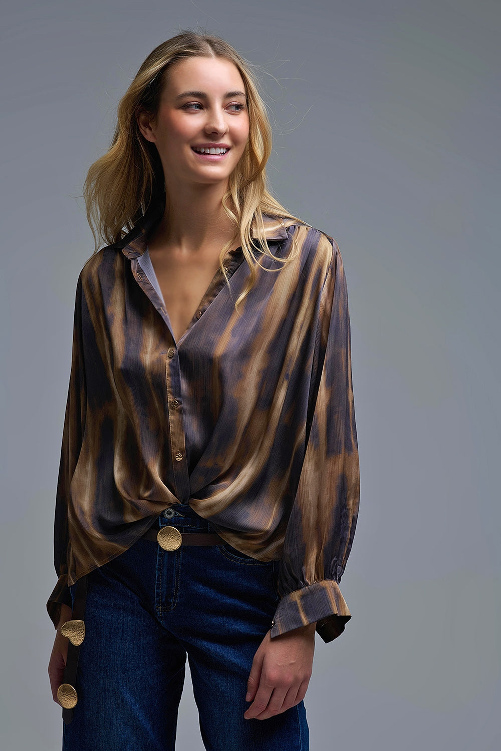Satin Effect Tie-Dye Shirt with brown and camel Stripes