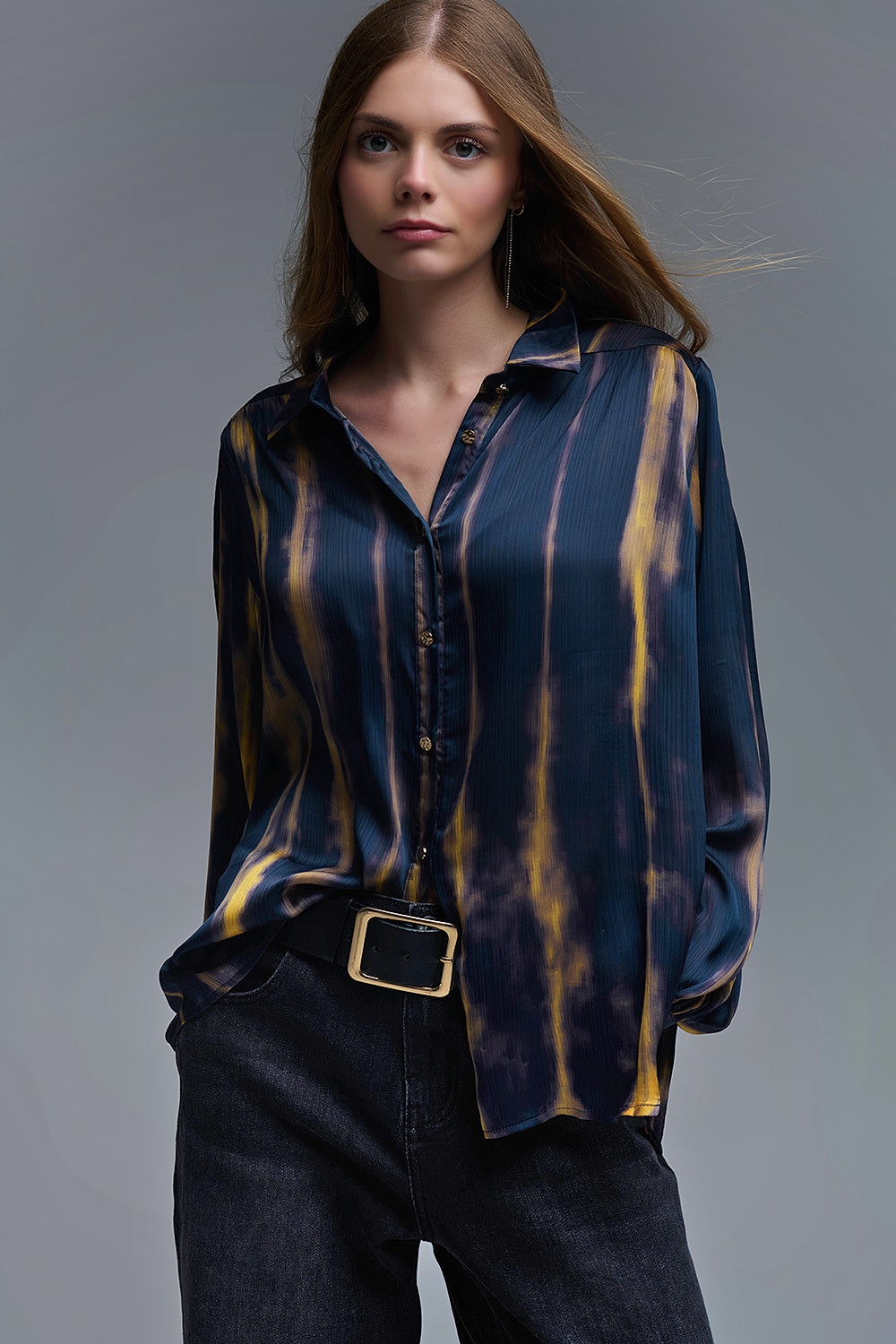 Q2 Satin Effect Tie-Dye Shirt with Navy and Ochre Stripes