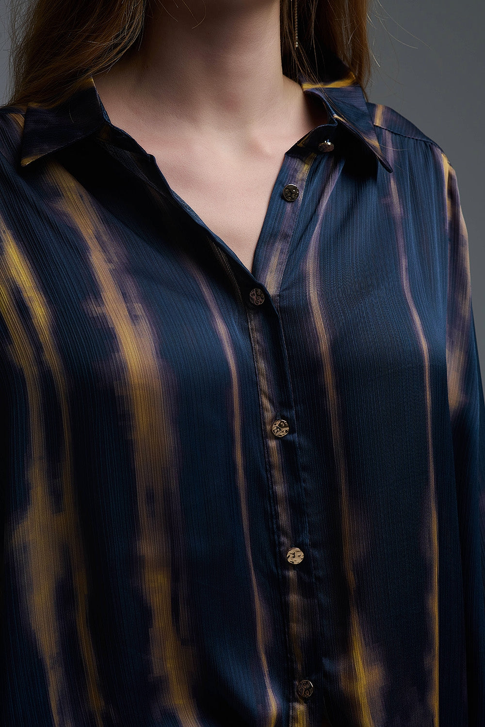 Satin Effect Tie-Dye Shirt with Navy and Ochre Stripes