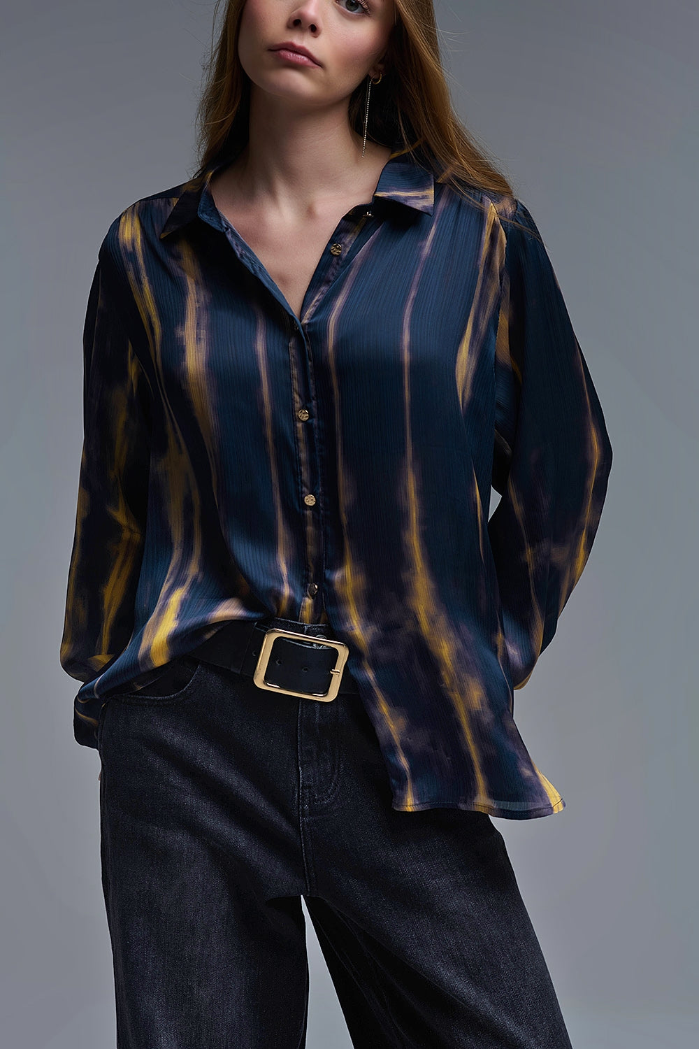 Satin Effect Tie-Dye Shirt with Navy and Ochre Stripes