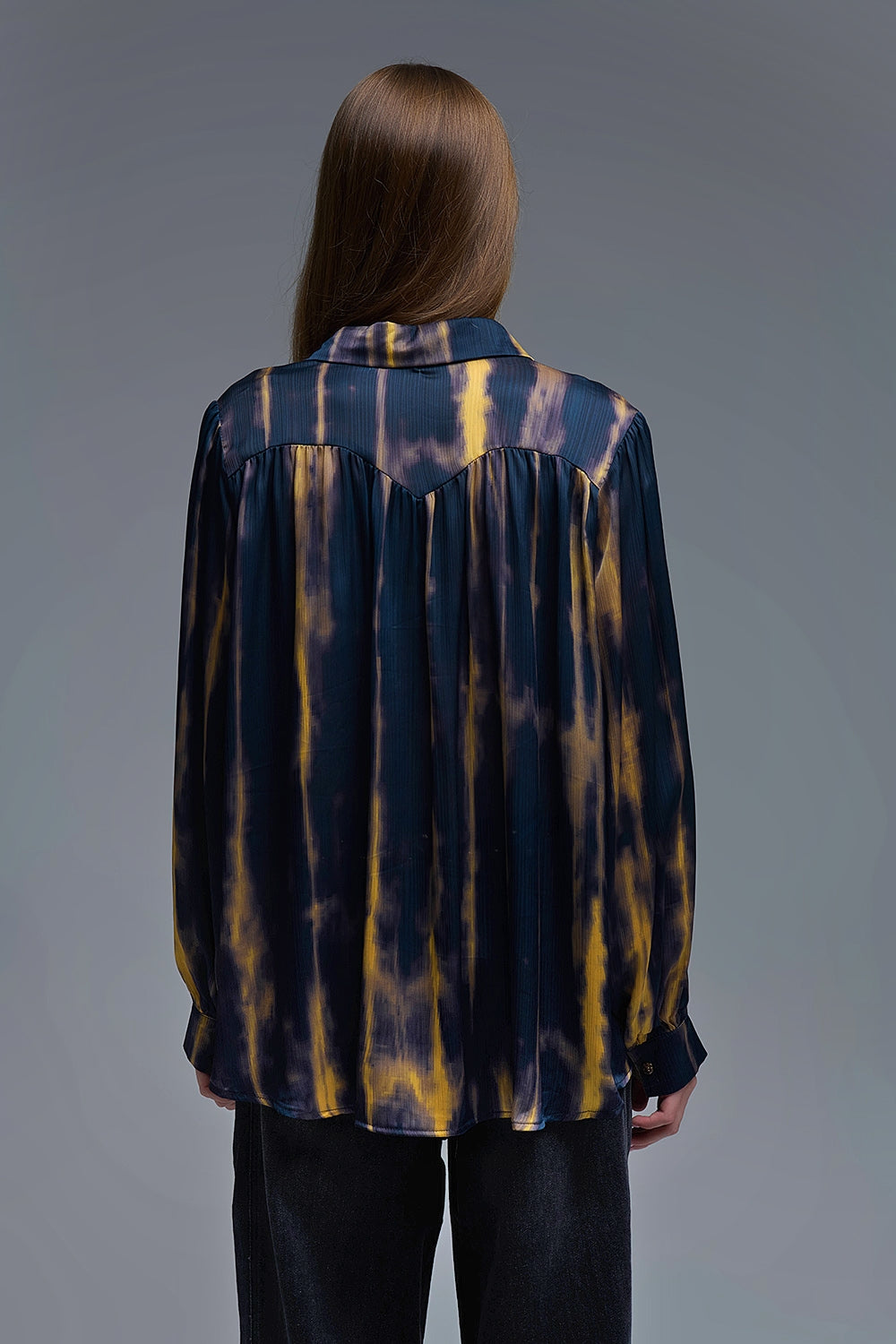 Satin Effect Tie-Dye Shirt with Navy and Ochre Stripes