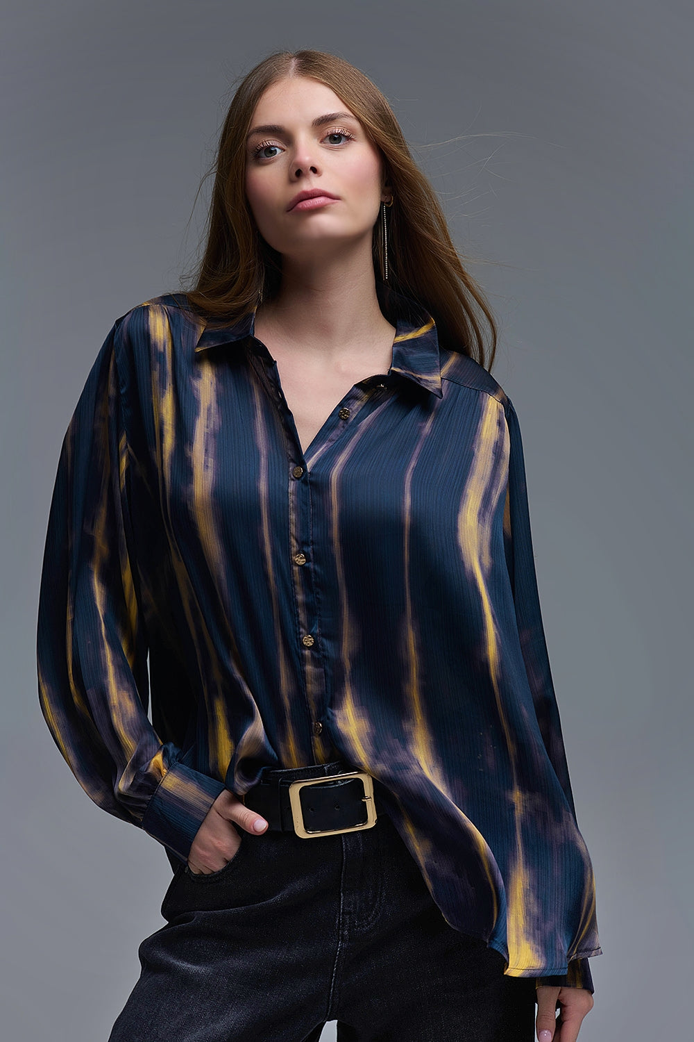 Satin Effect Tie-Dye Shirt with Navy and Ochre Stripes