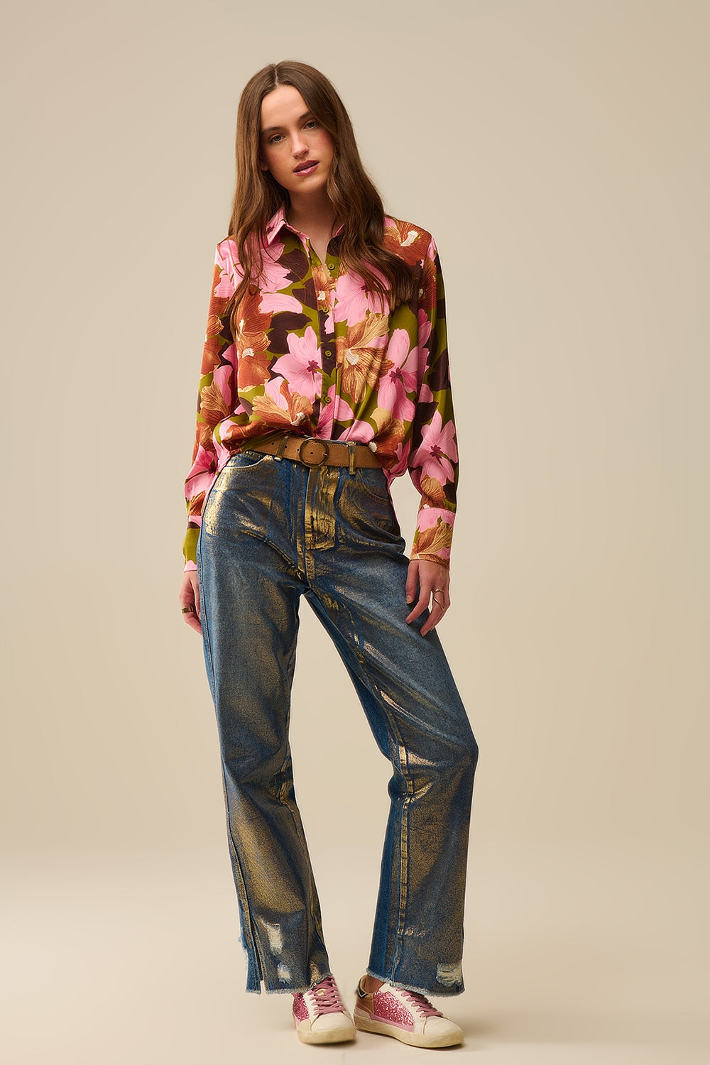 Satin Finish Tropical Floral Shirt in Olive Green