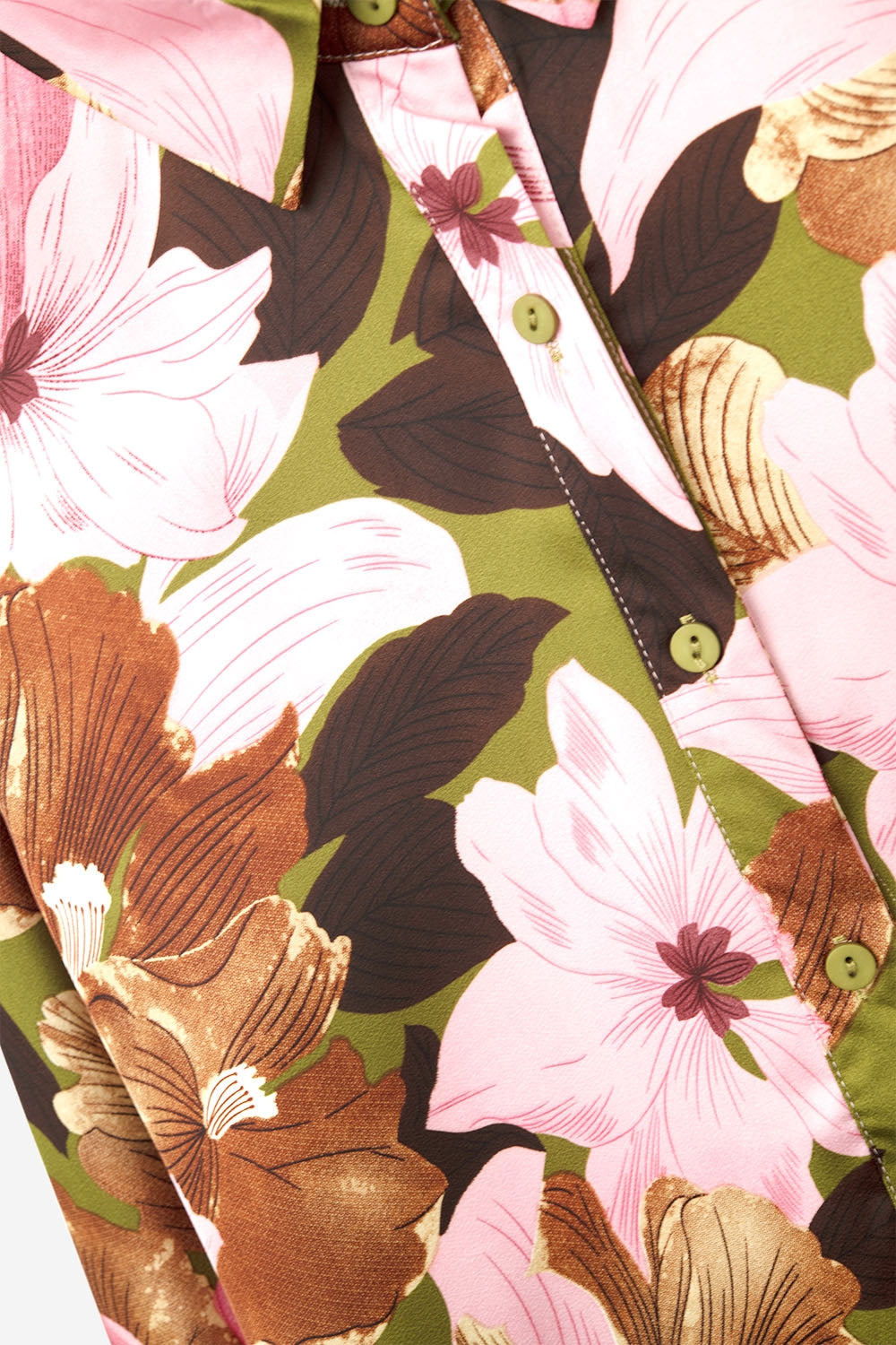 Satin Finish Tropical Floral Shirt in Olive Green