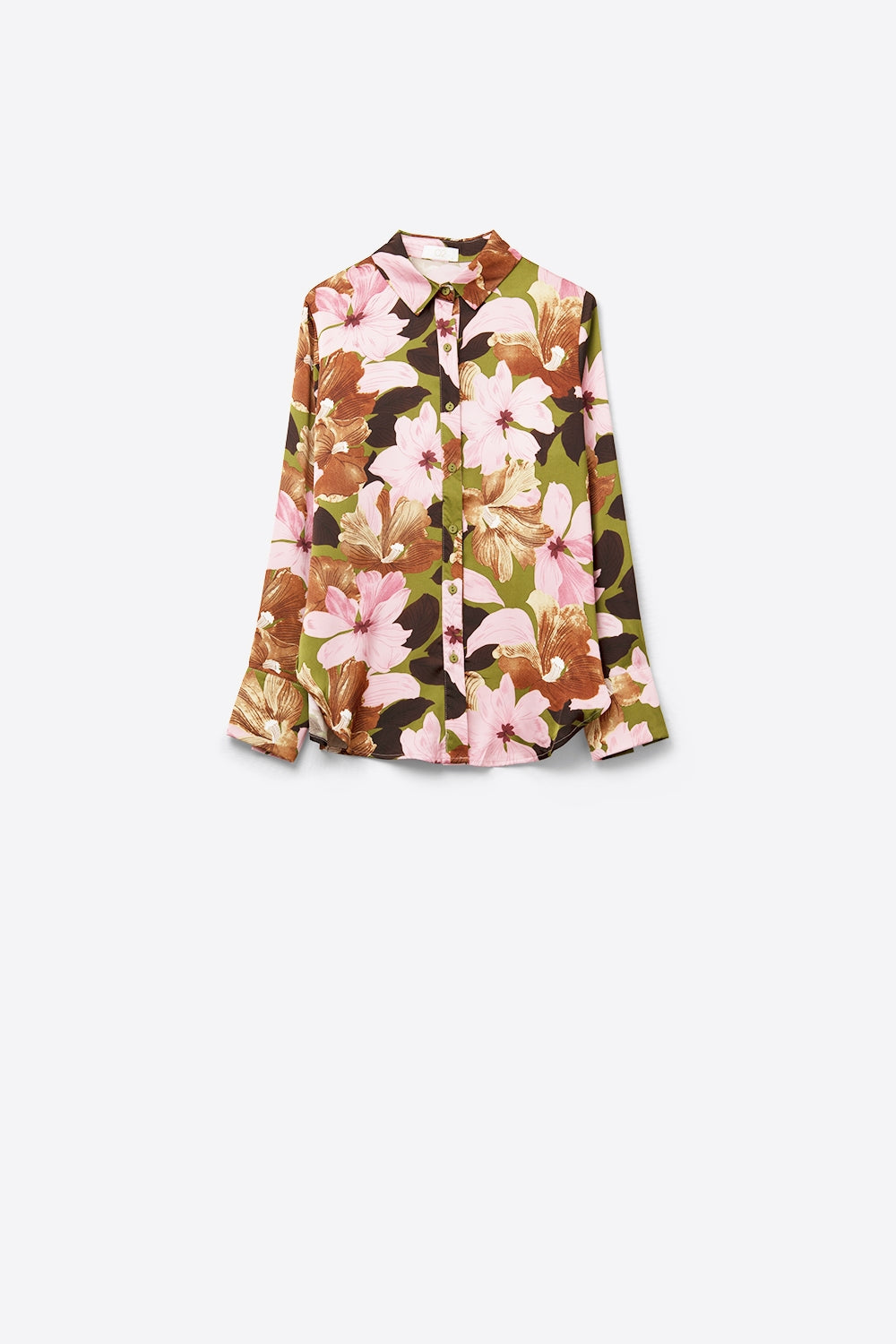 Satin Finish Tropical Floral Shirt in Olive Green